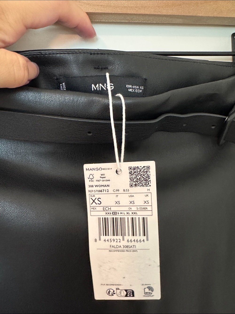 MNG MANGO Faux Leather Black Mini Skirt with Belt NWT Women XS - Picture 2 of 3